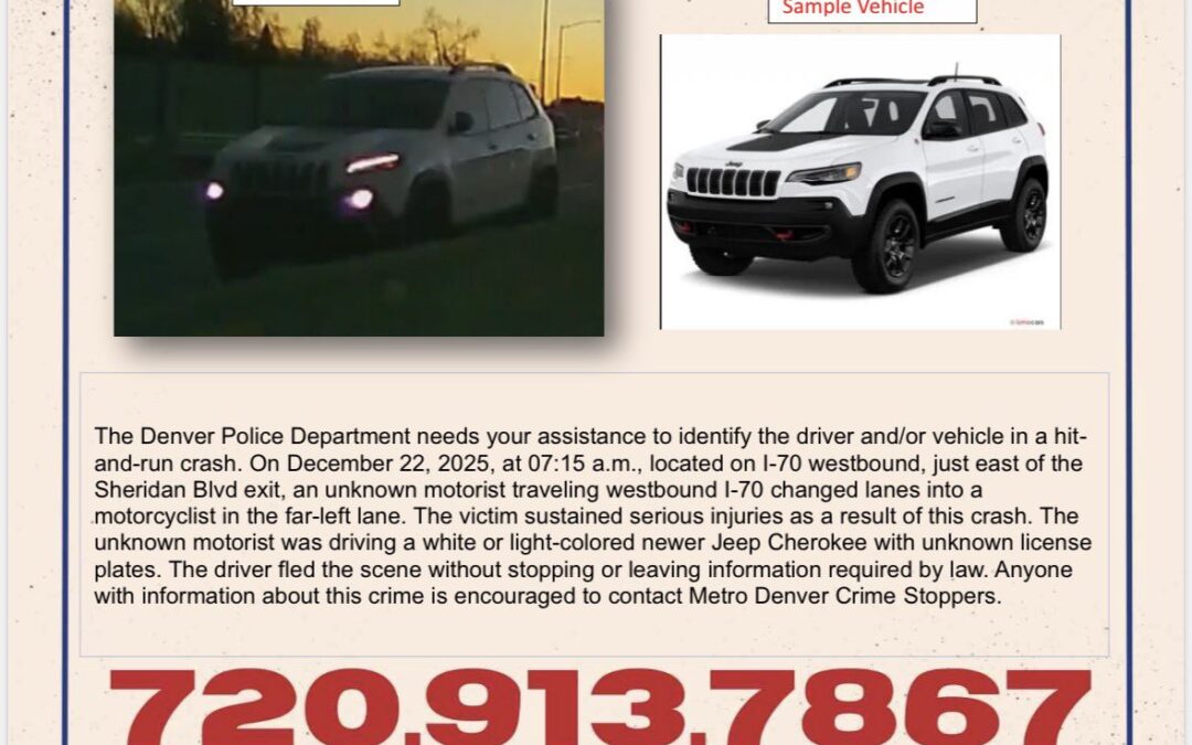 Policía de Denver Busca Jeep Cherokee en Choque con Fuga que Dejó a Motociclista Gravemente Herido en la I-70