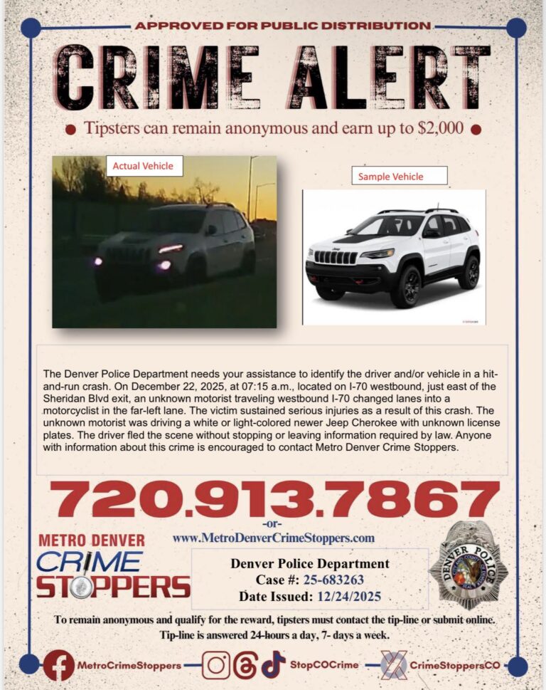 Policía de Denver Busca Jeep Cherokee en Choque con Fuga que Dejó a Motociclista Gravemente Herido en la I-70
