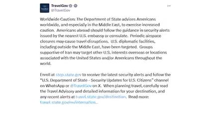 Departamento de Estado emite alerta de seguridad mundial por ataques relacionados con Irán
