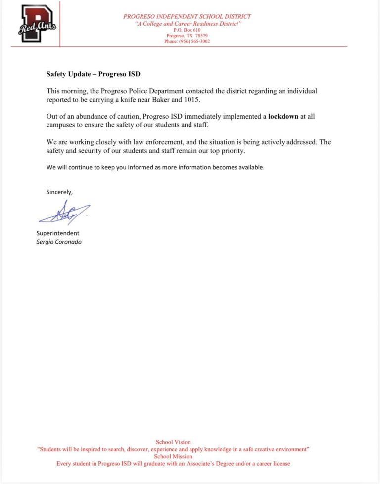 Progreso ISD inicia cierre de emergencia por posible amenaza con cuchillo