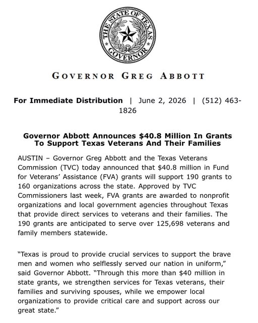 Texas destina $40.8 Millones en Subvenciones para Apoyar a Veteranos