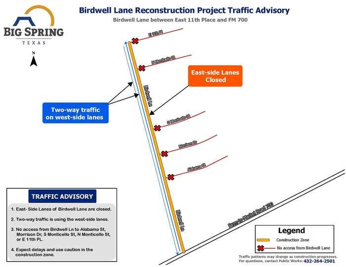 Birdwell Lane: Big Spring emite aviso vial por obras de reconstrucción y cierres de tráfico