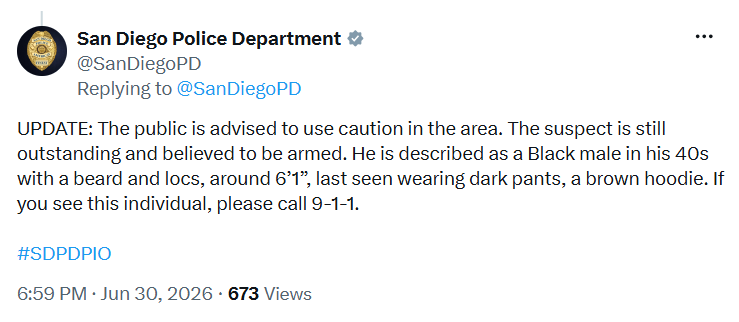 SDPD busca a sospechoso armado tras tiroteo en San Diego y mantiene cierres viales