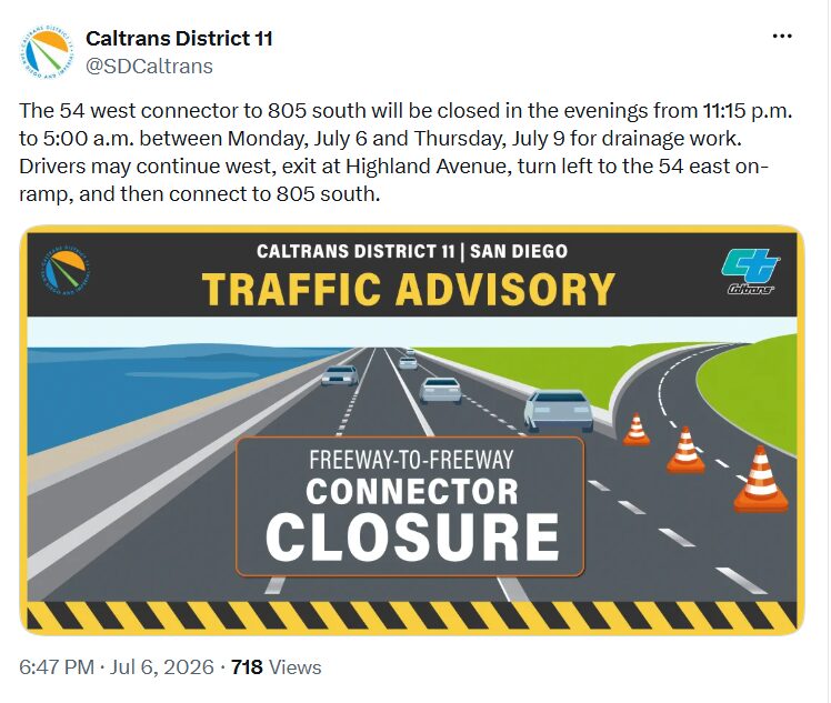 Cierre de la SR-54 hacia la I-805 sur por trabajos de drenaje en San Diego