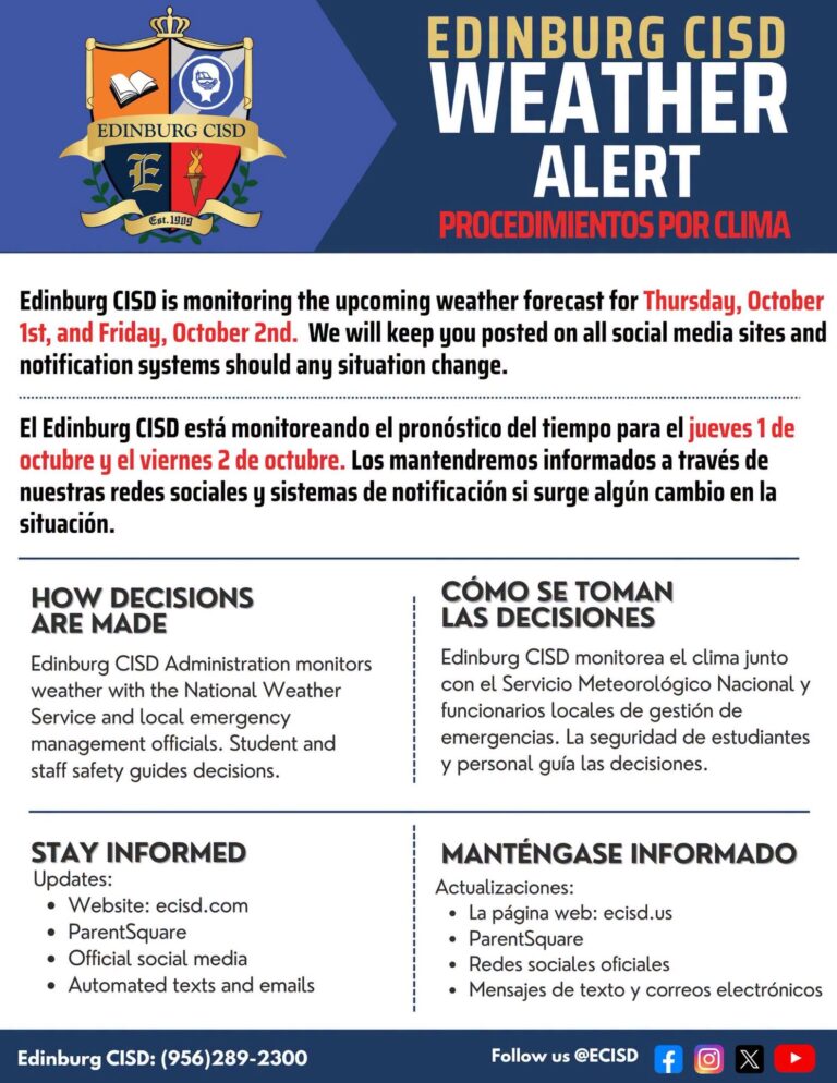 Edinburg CISD monitorea el pronóstico del tiempo para el jueves y viernes