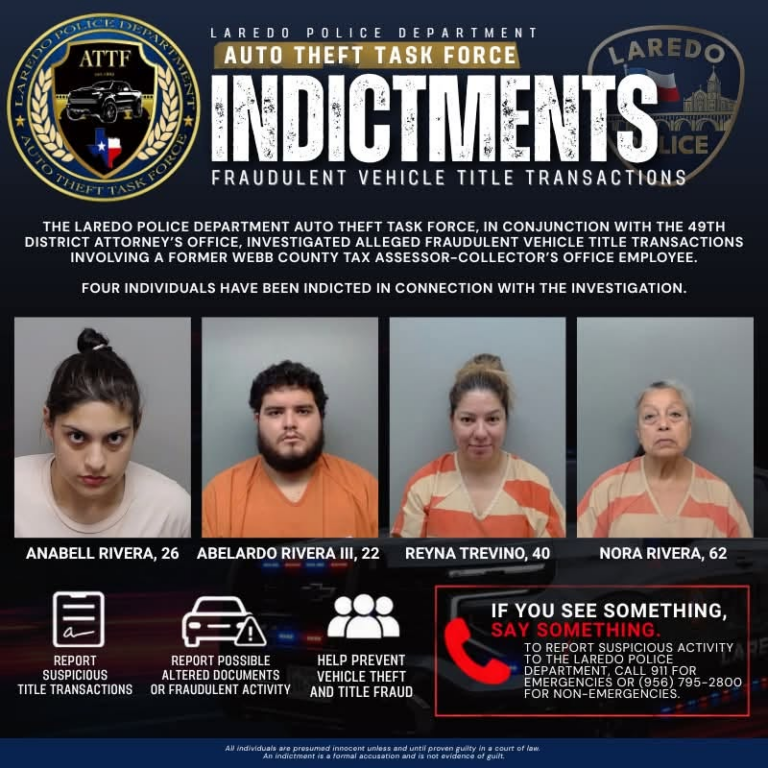 Cuatro personas son acusadas por presunto fraude en trámites de títulos de vehículos en Laredo